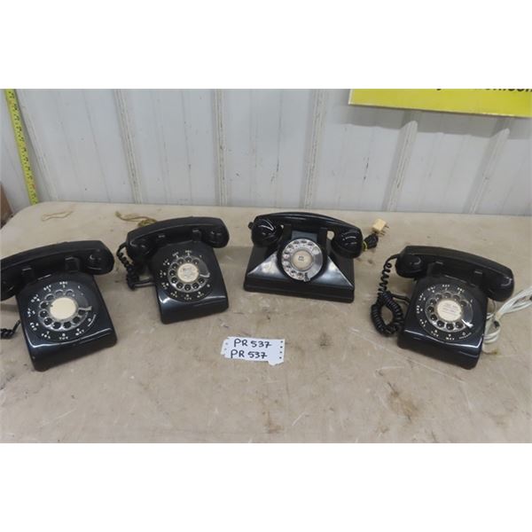4 Vintage Black Rotary Desk Phones, 1 is Bakelite Case 
