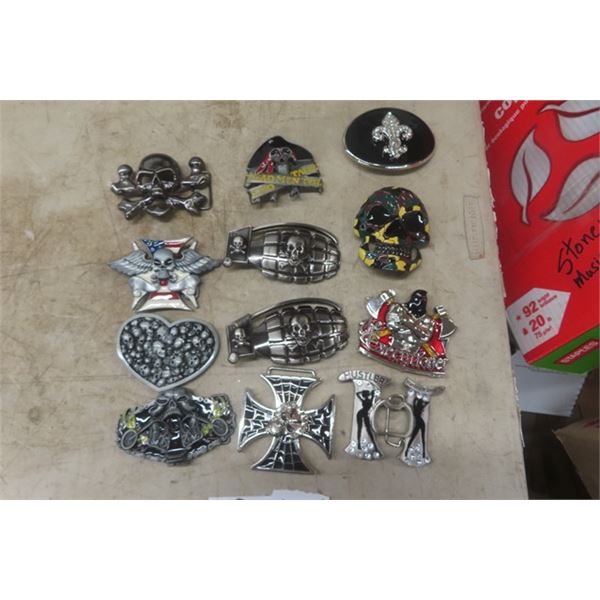 12 Various Belt Buckles - Skulls, Grenade, Hustler 