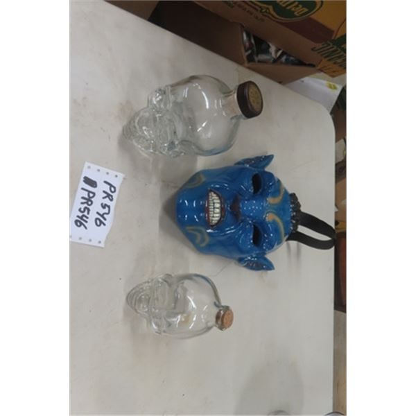 2 Skull Bottles and Funky Devil Like Mask 