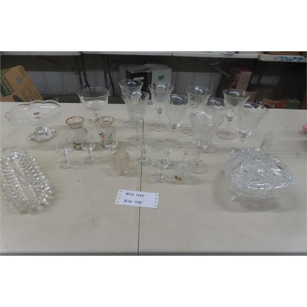 Assorted Crystal + Cut Glass ; Wine Glasses, Candy Dish, Candy Tray, Serving Dish