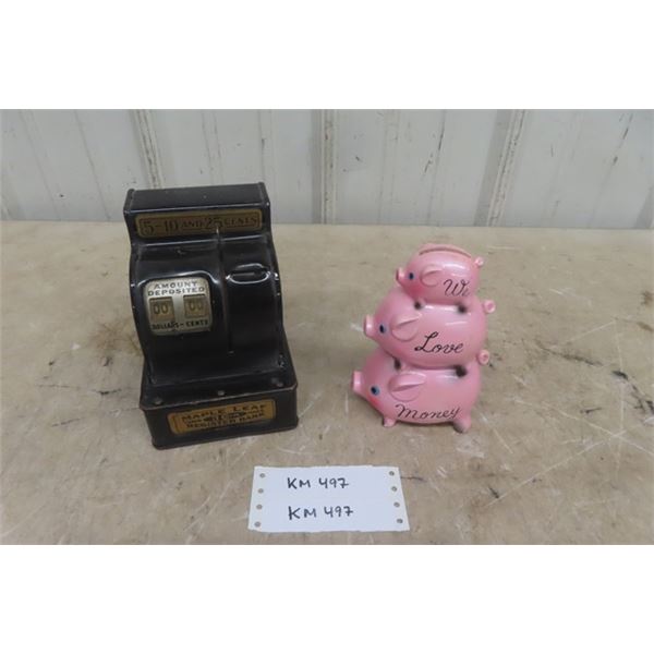 Maple Leaf Coin Register Tin Bank, Ceramic 3 Pigs Bank