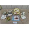 Image 1 : Assorted China; 2 Tier Tray, Cup + Saucer Pairs, Salt + Pepper Shakers, Rockwell Plate
