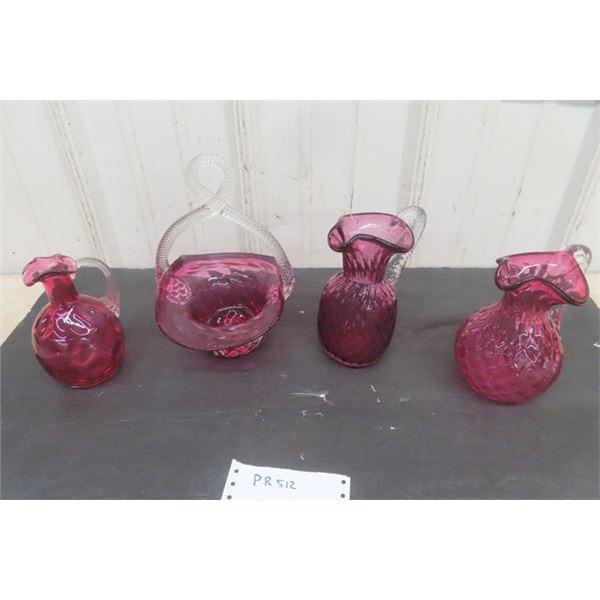 Vintage Cranberry Glass; Pitcher, Bridal Basket