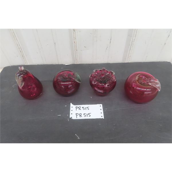 4 pcs Vintage Cranberry Glass; Apple, Pear, Strawberry