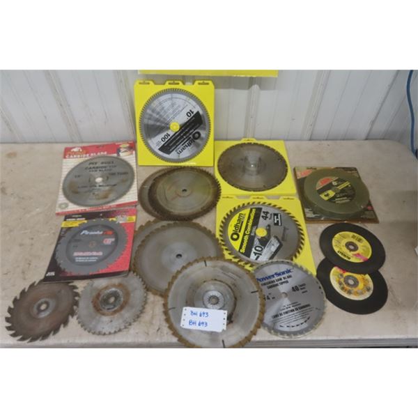 Assorted - Mostly Used- Saw Blades, a Couple New + 8" x 1" New Grinding Wheel in Package