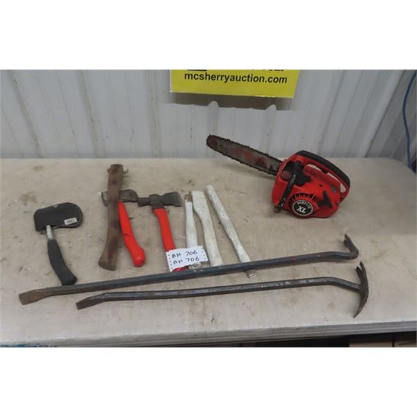 Hatchet + Extra Handles, Wrecking Bars, Homelite XC Chainsaw - NOT Running