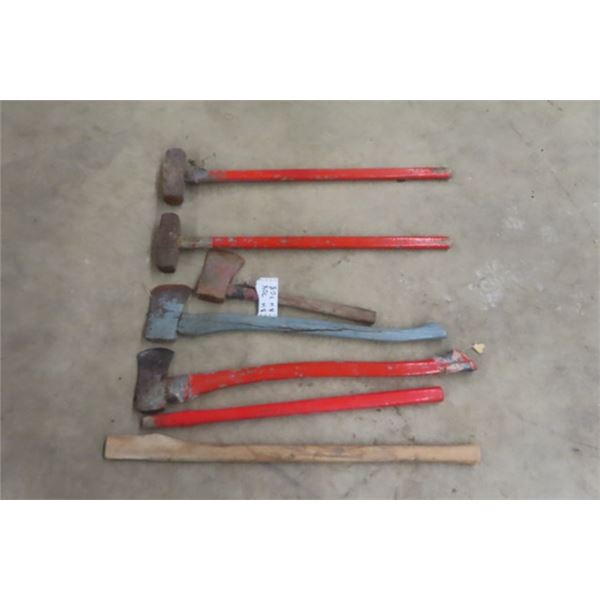2 Sledge Hammers, 3 Axes, 2 Axe Handles, 1 Pick