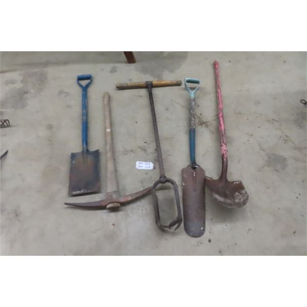 Post Hole Digger, Spades, Shovels, Pick - 5 Items Total