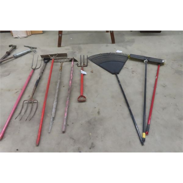 9 Yard Tools; Forks, Rakes, Hoe, Broom