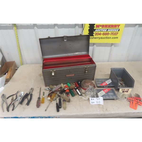 Metal Tool Box with Screwdrivers + Bit Sets, Pliers, Cutters