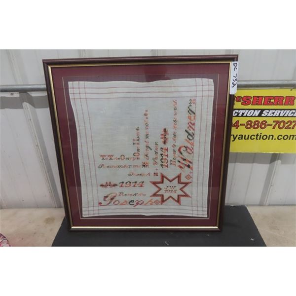 Framed Stitched 1914 Handkerchief Mennonite Pattern 23" x 24" 