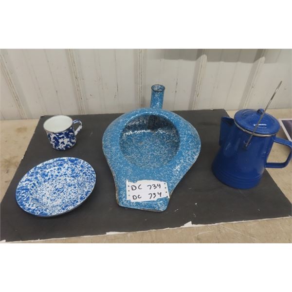 Granite Ware Bed Pan, Kettle, Cup, Bowl