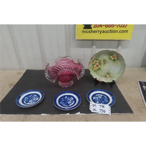 Fantin Ruffled Bowl 7.5" t , 10"x11", 3 Blue Willow Platters, Plate + Stand