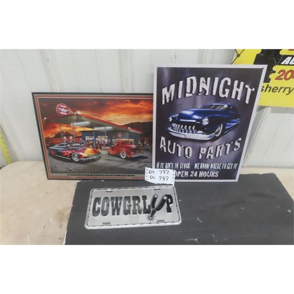 3 Metal Signs, Biggest 10" x 12" + 2 Candle Displays 12.5" Long