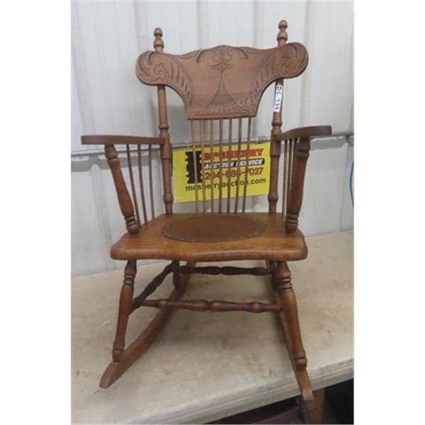 Oak Rocking Chair with Carved Design + Leather Insert on for Seat