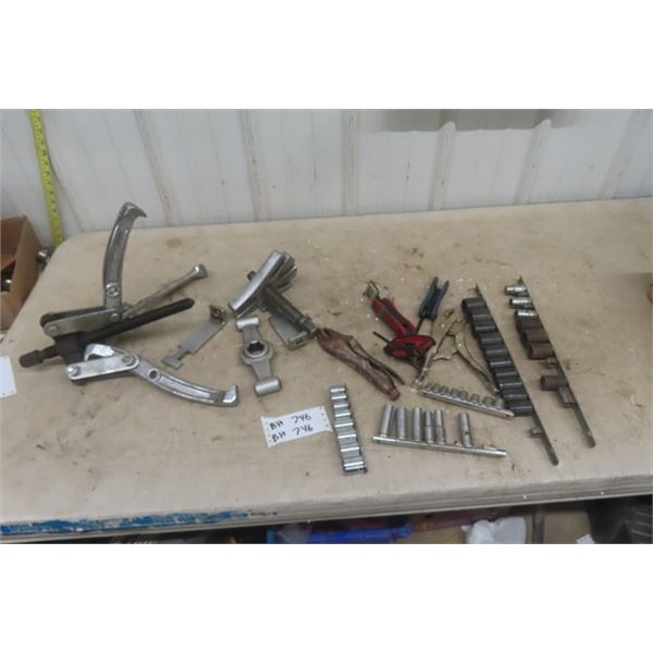 2 Gear Pullers, Vice Grips, Allen Wrenches, Sockets 1/2" + 3/8" 