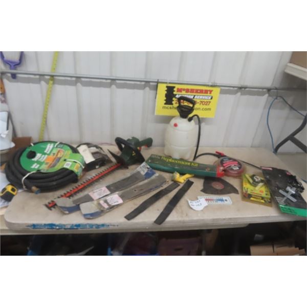 B+D 22" Electric Hedger, Bottle Sprayer, Sprinkler, Soaker Hose, Lawn Mower Blades plus more 