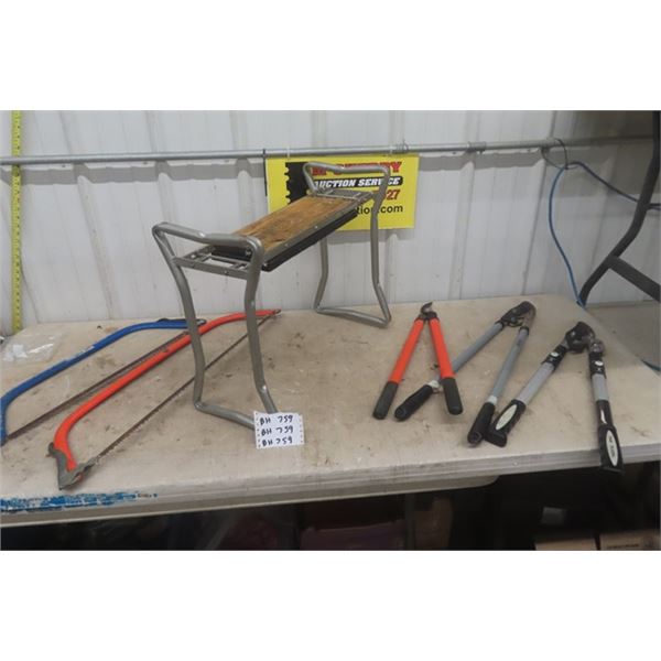 2 Buck Saws, 3 Pruners, Folding Leg Garden Bench