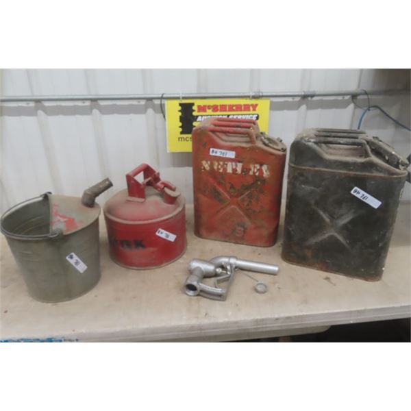 2 Military Gas Cans, Gas Pail with Nozzle, Fuel Nozzle - seems new