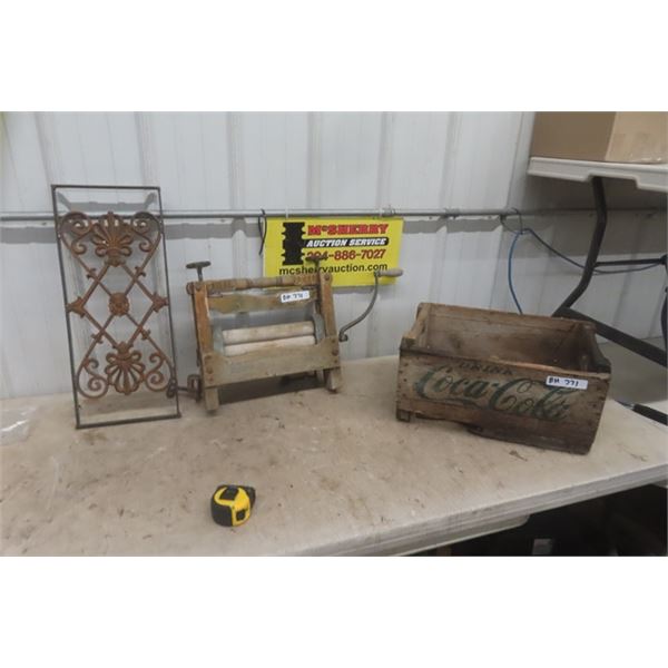 Wrought Iron Decor / Window Security 10"×24" , Marshall Wells Wringer, Coca-Cola Wooden Crate
