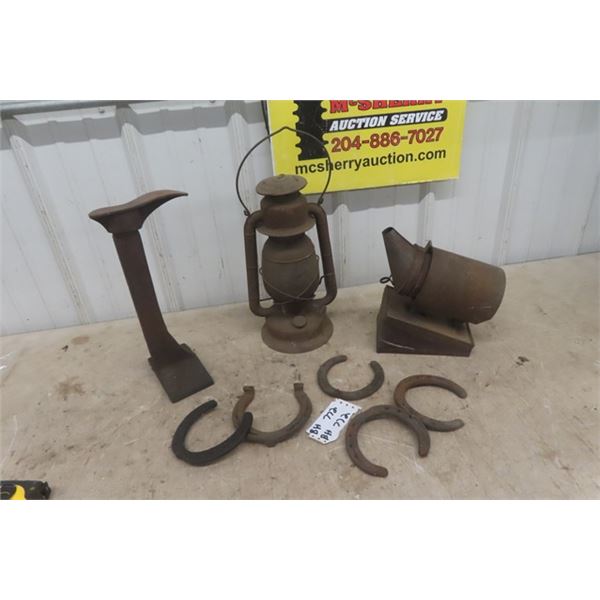 Barn Lantern, Bee Smoker, Cooler Stand + Set of 4 Horse Shoes complete with a spare