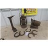 Image 1 : Barn Lantern, Bee Smoker, Cooler Stand + Set of 4 Horse Shoes complete with a spare