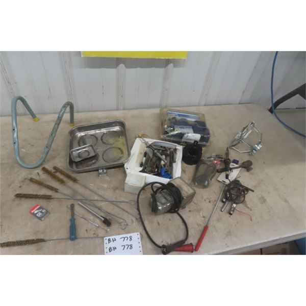 RPM Tester, Soldering Gun, 12V Air Compressor- New, Magnetic Tray, plus odds n ends of left over too