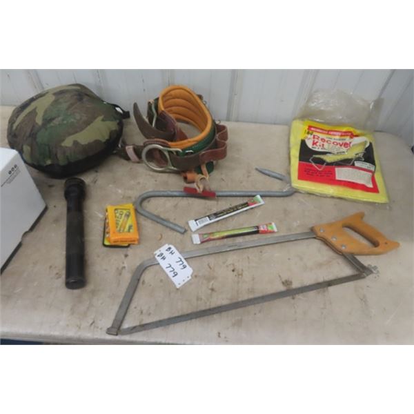 Meat Saw + Hook, Lineman Flashlight- New, Climbing Safety Belt plus more 