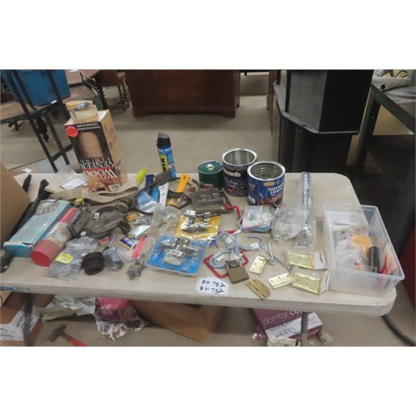 Hardware: Padlock, Hinges, Set Screws, Hooks, Latches, Auto Ice Scraper, Household Battery Charger p