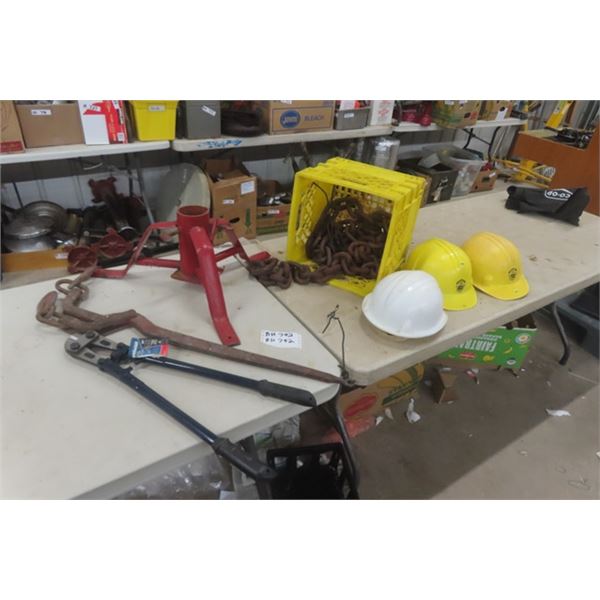 New 24" Bolt Cutters, Home Made Tree Stand, Heavy Chain, Load Binders + 3 Block Protectors