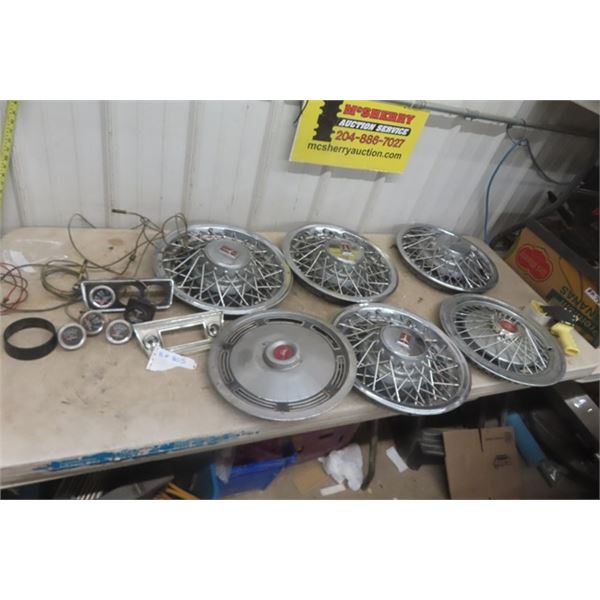 Vintage Hubcaps, Auto Gauges, Oil, Amp Meter plus more