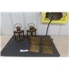 Image 1 : Hammered Brass Book Ends, Cast Base Table Lamp, Pair of Brass Diamond Shape Ship Lamps