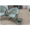 Image 2 : Painted Wicker Porch Set; 3 Chairs, Table, Small Table, Lamp + Flower Basket