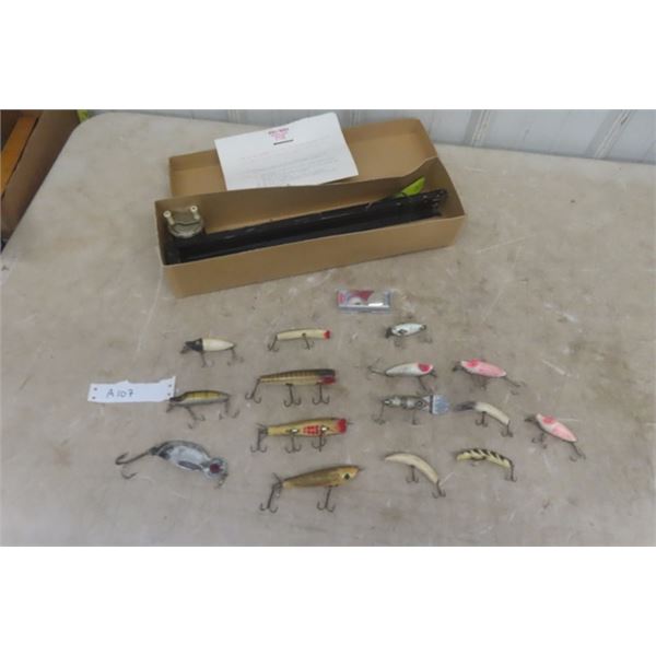 Assorted Wood Fishing Lures - 15 Total plus Noble Nibbler Ice Fishing Rig