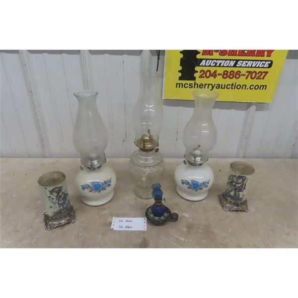 3 Larger Oil Lamps ; 1 Smaller, 2 Candles