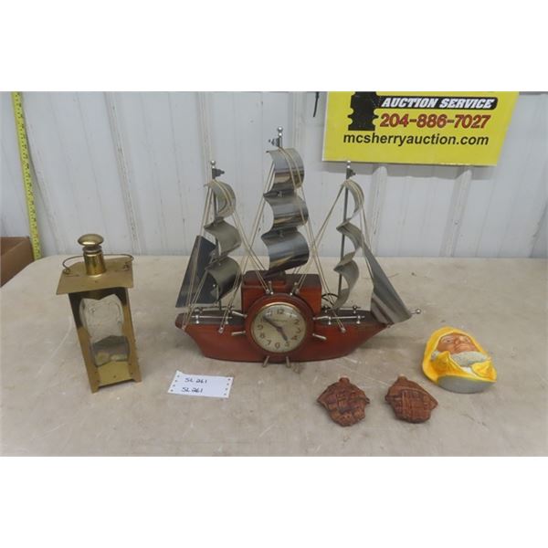 Mastercrafters Yankee Clipper Boat Clock, Chalkware Seaman, 2 Boat Flasks, Lantern