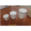 Image 2 : 3 Milk Glass Cheese Jars, Chalkware Fruit Wall Hangers, Assorted Pottery