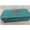 Image 2 : Metal Fishing Tackle Box, 2 Vintage C Palmer Handled Fish Weight Molds, Chain, Coleman Funnel with B