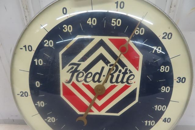 Feed Rite Tin With Glass Cover Round Thermometer Pam Clock Co. 12