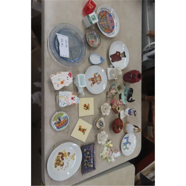 Assorted  Glass Plates, Ornaments, Bowls, Trays, Relpo Wall Pocket Clown + Elephant, Tank Baby