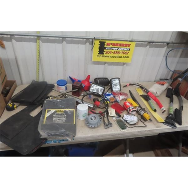 Sealed Beam, Wiper Blades, Grease Gun, Funnel, Windshield Scrapper, 12V Light plus more