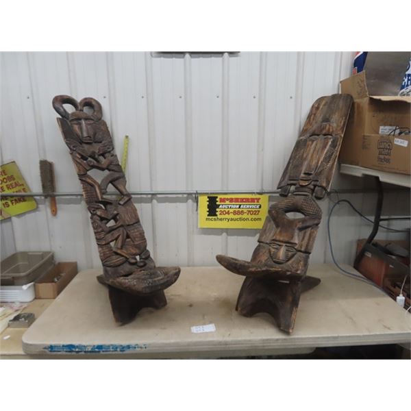 Pair of Funky Tribal Carved Wooden Chairs 50+ 55" Backs - Very Ornate + Detailed 