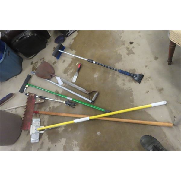 Rubbermaid Garbage Can,  Rake, Broom, Sprinkler,  Handles, Shovel