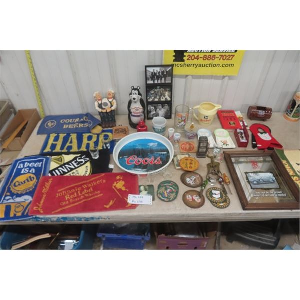 Assorted Bar Goodies ; Towels, Trays, Shot Glasses, Pitcher, Hamms Bear Decanter, Coors Tray plus mo