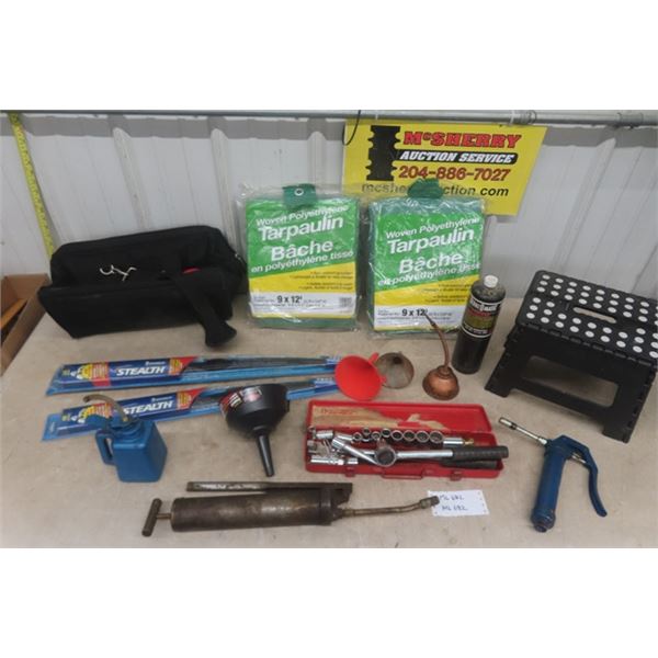 1/2" Socket SEt, 2 New 9x12 Tarps, Wiper Blades, Funnels, Oilers, Grease Gun