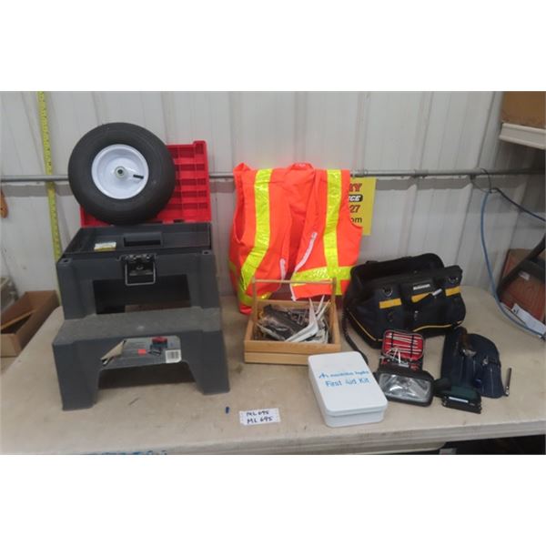 2 Step Tool Carrier, Hi Vis, Vest, Shelf Brackets, 1st Aid Kit, Tool Bag with some Small Tools