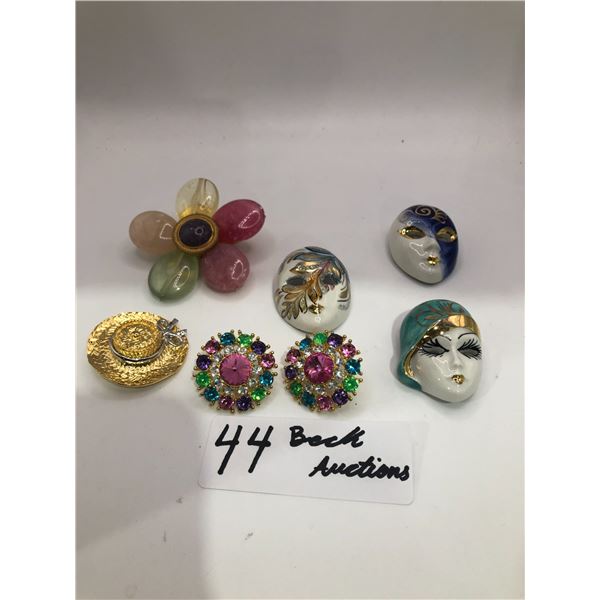 Assortment Of Beautiful Costume Broaches And Colourful Earrings