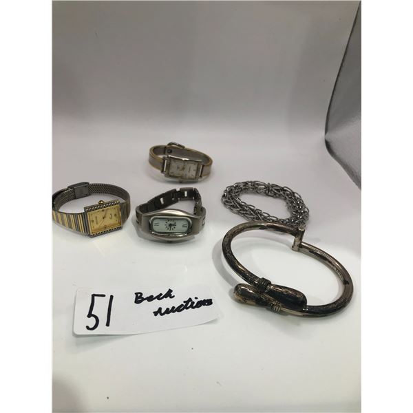 Two Silver Bracelets And Womens Watches