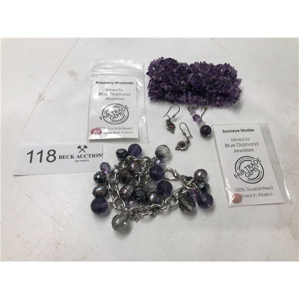 Assorted Amythest Jewelry And Loose Stones