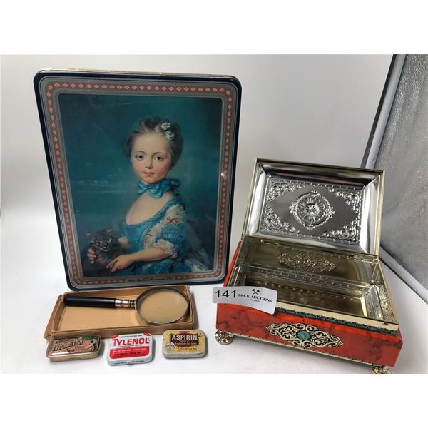 Vintage Tins And Magnifying Glass